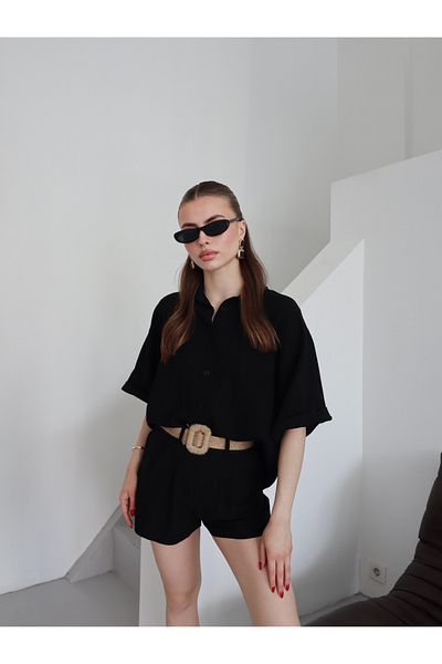 Ekim Store Raw Linen Straw Belted Shirt Shorts Set
