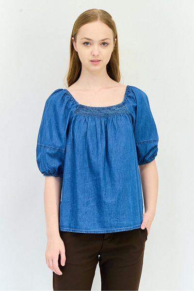 GAP Women Square Neck Puff Sleeve Washed Top, Blue