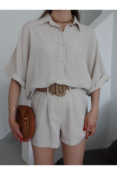 Ekim Store Raw Linen Straw Belted Shirt Shorts Set