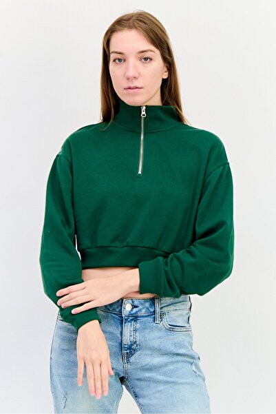 Levi's Women Half Zip Solid Long Sleeve Sweatshirt, Green