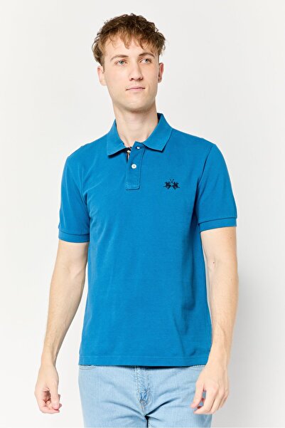 La Martina قميص بولو رجالي بقصّة عادية وأكمام قصيرة ومطرّز بشعار، أزرق