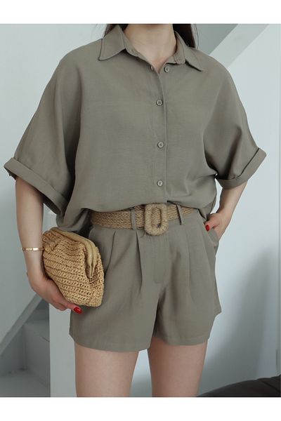 Ekim Store Raw Linen Straw Belted Shirt Shorts Set