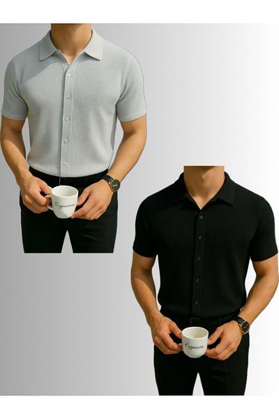 LC Waikiki Advantageous Pack of 2 100% Cotton Waffle Fabric Non-Ironing Short Sleeve Men's Summer Shirt