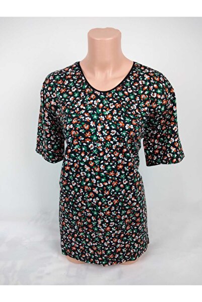 YAŞAR TRİKO تي شيرت نسائي أخضر برتقالي برقبة على شكل حرف U وأكمام قصيرة منقوش...