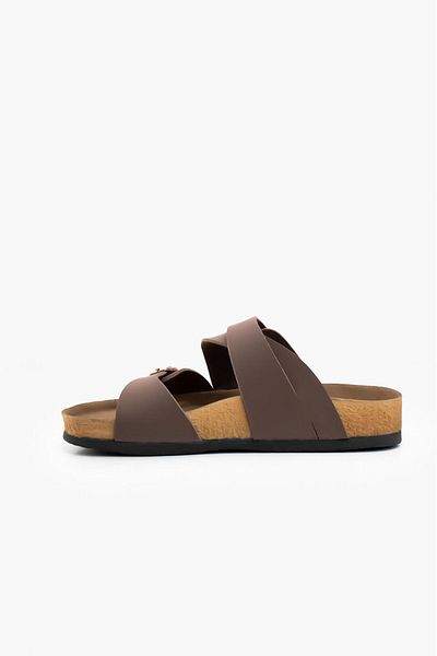 Blyss Women's Brown Nubuck Leather Cross Detail Cork Sole Double Buckle New Season Slippers