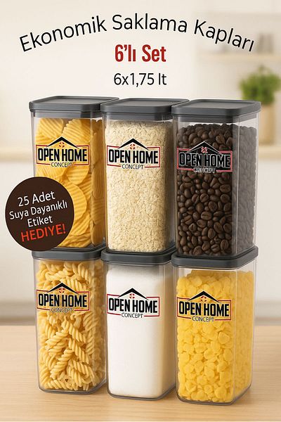 Open Home Concept Set of 6 Anthracite Economical Unbreakable Storage Containers 6X1.75 Lt.