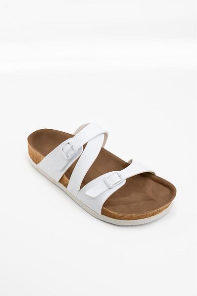 Blyss Women's Nubuck Leather Double Cross Detail Cork Sole Buckle New Season Slippers