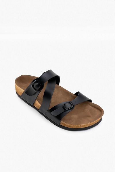 Blyss Women's Black Skin Leather Double Cross Detail Cork Sole Buckle New Season Slippers