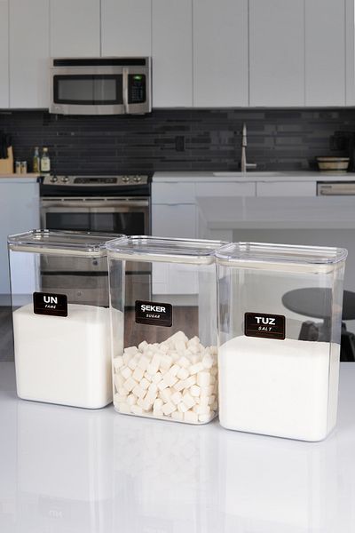naturelove 3-Piece Vacuum Lid Acrylic Flour Salt Sugar Storage Jar Container and Box 3 Liters with Label