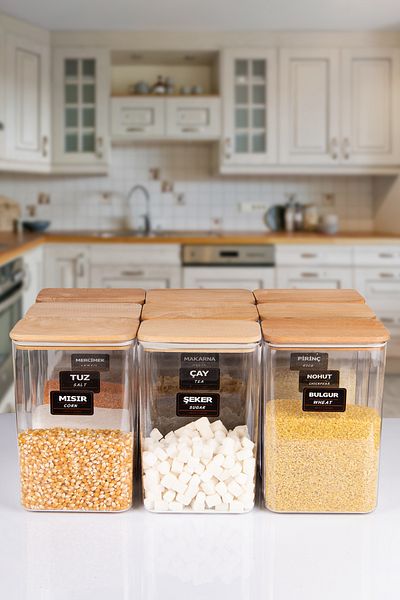 naturelove 12-Piece Wooden Vacuum Lid Acrylic Food Storage Jar Storage Container and Box 3 Liters with Label