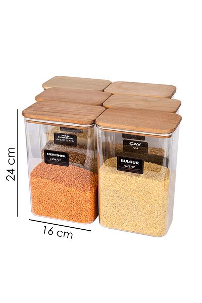 naturelove 6-Piece Wooden Vacuum Lid Acrylic Food Storage Jar Storage Container and Box 3 Liters with Label