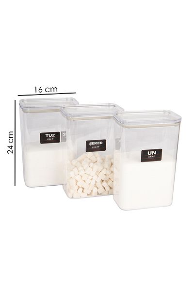naturelove 3-Piece Vacuum Lid Acrylic Flour Salt Sugar Storage Jar Container and Box 3 Liters with Label
