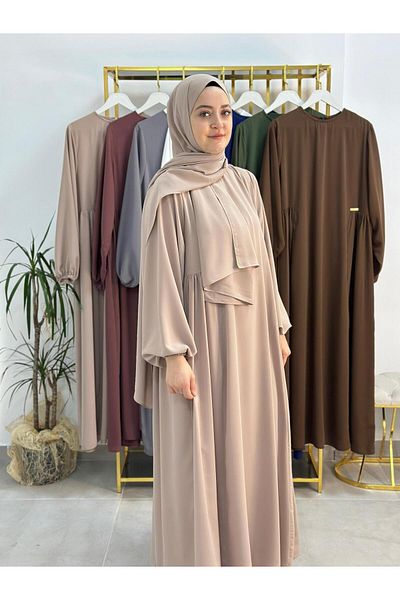 erasra class Μπεζ χρώμα με σάλι Hijab σετ φορέματος με μαζεμένο στο πλάι - Jilbab, Abaya, Hijab (για Hajj και Umrah)
