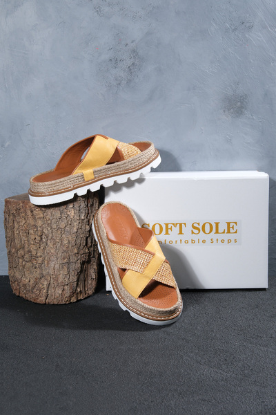 SOFT Women's Yellow Color Cross Banded Straw Eva Sole Genuine Leather Slippers