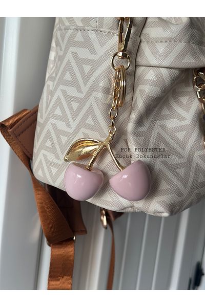 FOR POLYESTER Küçük Dokunuşlar Gold Detailed Pink Cherry Viral Bag Charm / Keychain / Accessory