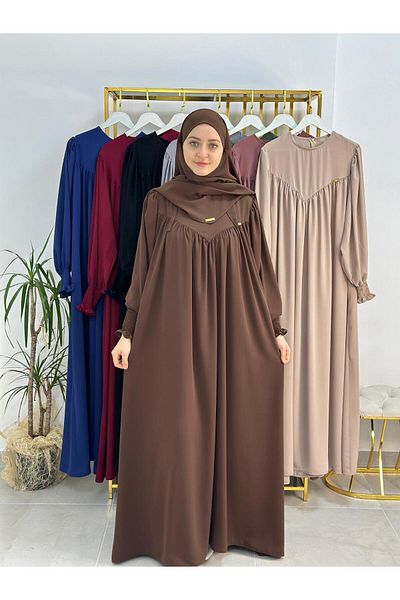 erasra class Hijab Dress, V Model Gathered Front, Soufflé Esarpla Suit. Hijab, Khimar. Suitable for Hajj Umrah Brown