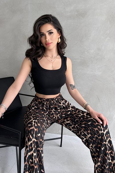 New Now Square Collar Trophy Crop Tank Top, Leopard Print Turned down Palazzo Pants Set