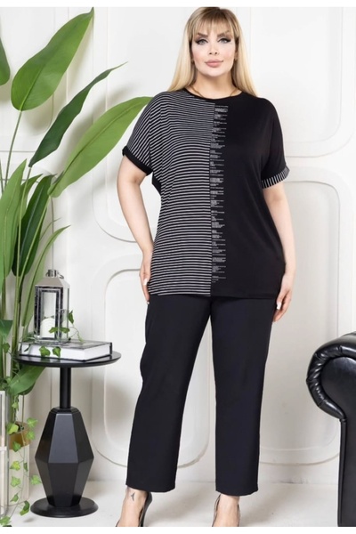 ZY BUTİK Black Large Size Striped Stone Detailed Stylish Combed Cotton Short Sleeve Blouse