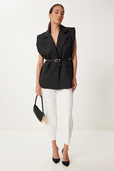 Lovelyİstanbul Belted Double Breasted Collar Woven Vest Black Lrv0095