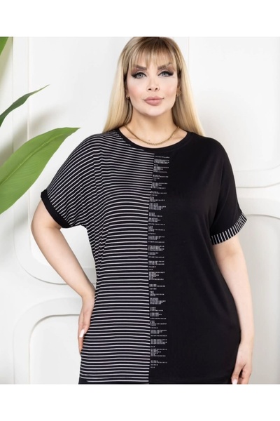 ZY BUTİK Black Large Size Striped Stone Detailed Stylish Combed Cotton Short Sleeve Blouse