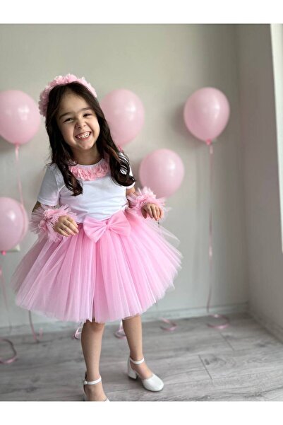 Sare Çocuk Giyim Kız Çocuk Pembe Çiçekli Prenses Tütü Etek, Taç, Bileklik, Tişört Doğum Günü Kombini 5'li Set