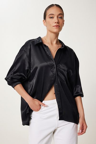 Lovelyİstanbul Cămașă oversize din țesătură din satin NEGRU LNS0026