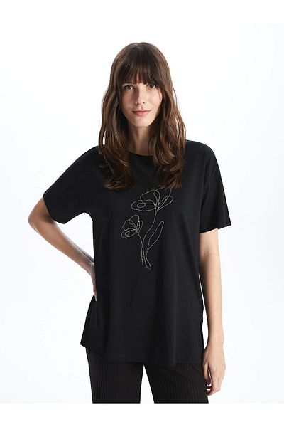 LC Waikiki Tricou de bază LCWAIKIKI negru cu mânecă scurtă pentru femei