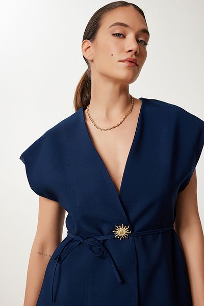 Lovelyİstanbul Stylish Buttoned Belted Woven Vest Dark Blue Lrv0096