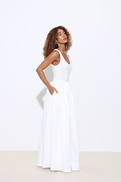 Mozto Noira Maxi Poplin Beyaz Atlet Elbise