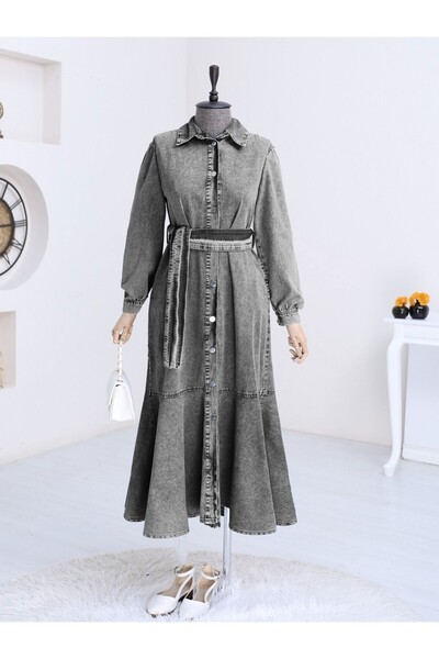HİJABAYA Buttoned Skirt Ruffled Denim Dress
