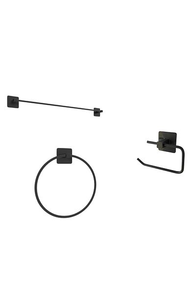 Zethome Set de baie adeziv negru 3 piese Suport pentru prosoape lungi Suport pentru prosoape rotund Suport pentru hârtie deschis
