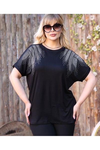 ZY BUTİK Black Large Size Stylish Combed Cotton Short Sleeve Blouse with Stone Detail