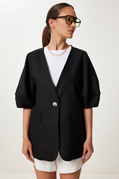 Lovelyİstanbul Καλοκαιρινό λινό μπουφάν με ένα κουμπί ΜΑΥΡΟ LWF0032