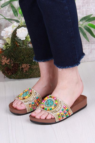 fort 00303 Pienn Anatomical Flexible Comfortable Stone Beaded Women's Slippers