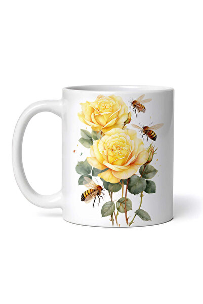 OEM Cană albă personalizată, Albine în trandafiri galbeni, INOVATIX®. 330ml