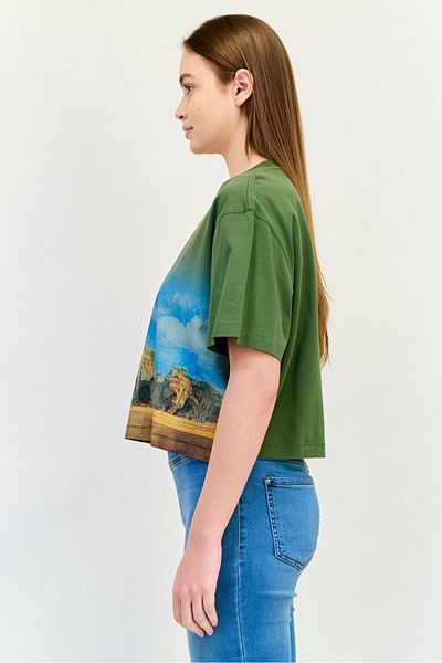 Esprit Women Oversized Crew Neck Short Sleeves Graphic Print Crop Top, Multicolor
