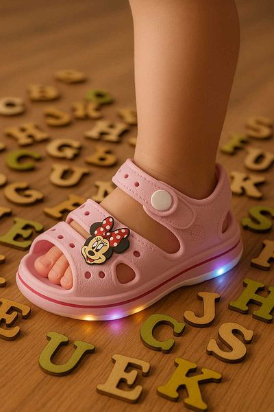 AkınalBella Pudra Pink Minne Figured Girl's Sandals Custom Designed Led Lights Light up at Each Step