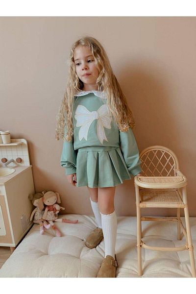 2kids2mom Girl's Blue Floral Patterned Collar Lace Detailed Long Sleeve Eid Dress