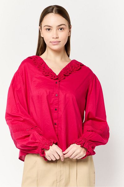 Scotch & Soda Women V-neck Eyelet Long Sleeve Shirt, Magenta