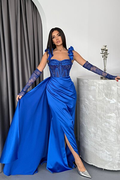 İyem Abiye Omuz Fırfırlı Ve Kol Dantel Detay Allerli Transparan Tasarım Şık A...