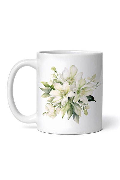 OEM Εξατομικευμένη Λευκή Κούπα, Σύνθεση με Λευκά Λουλούδια, Inovatix®. 330ml