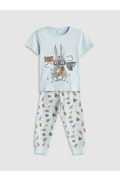 LC Waikiki Lcw Kids Blue Rabbit Printed Boys' T-Shirt and Shorts Pack of 2
