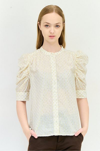 GAP Women Band Collar Elbow Sleeves Metallic Blouse, Multicolor