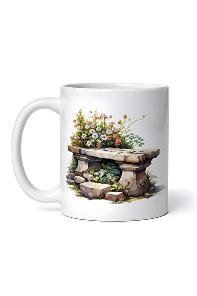 OEM Cană albă personalizată, bancă de piatră cu flori albe, Inovatix®. 330 ml