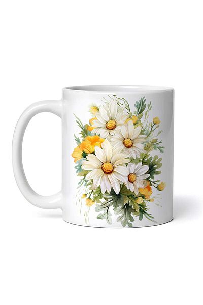 OEM Personalized White Mug, Floral Arrangement With Daisies And Yellow Flowers, Inovatix®. 330ml