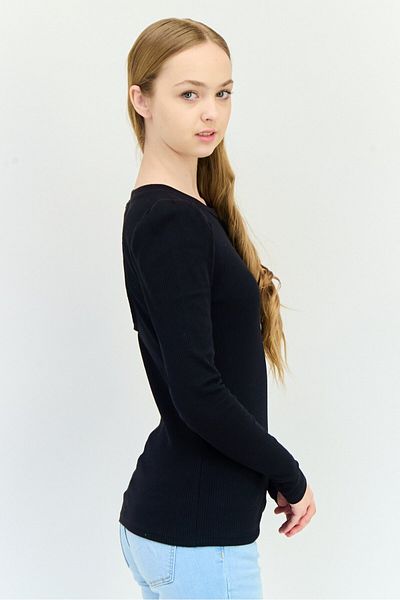GAP Women Crew Neck Long Sleeves Ribbed Top, Black