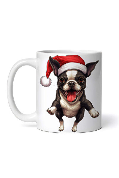 OEM Εξατομικευμένη Λευκή Κούπα, Boston Terrier με Χριστουγεννιάτικο Καπέλο, I...