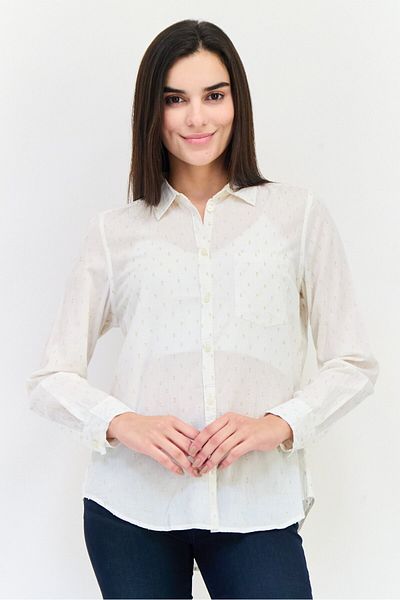 GAP Women Spread Collar Long Sleeve Metallic Shirt, White