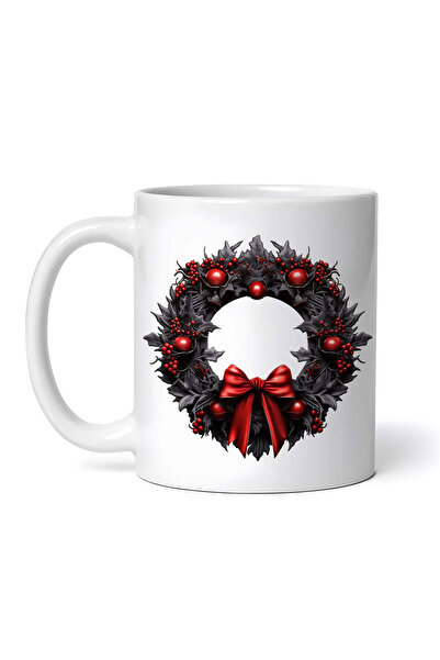 OEM Εξατομικευμένη Λευκή Κούπα, Μαύρη Χριστουγεννιάτικη Σύνθεση με Κόκκινες Μ...
