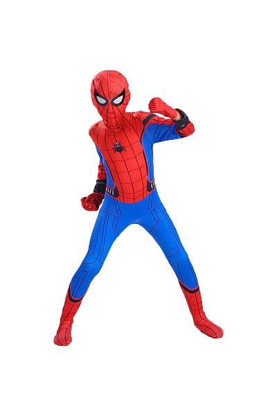 OEM Costum pentru copii, cu glugă și mănuși, supererou, lycra, vârste 3-4 ani, 110 cm, albastru/roșu